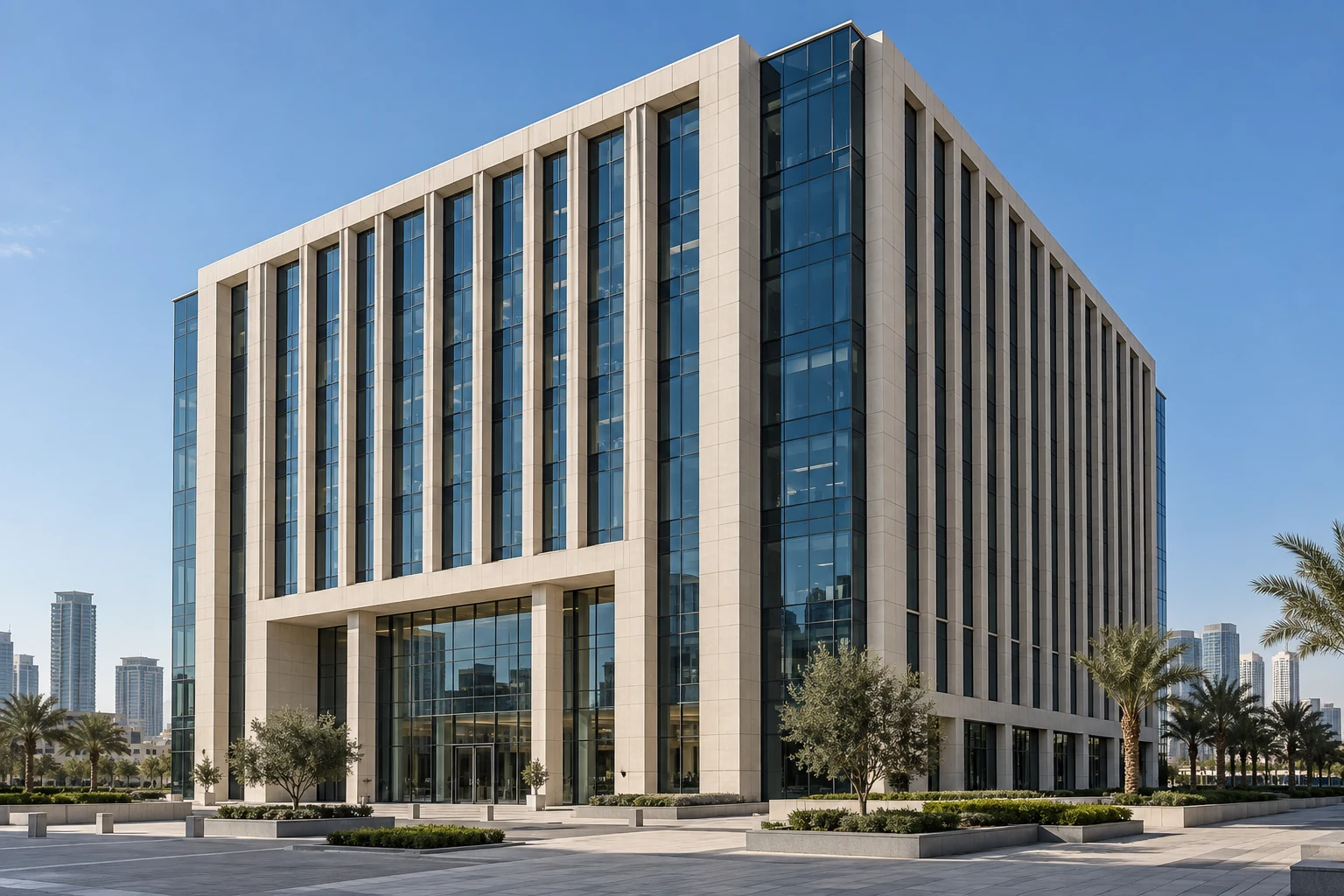 Contemporary corporate headquarters with stone fins and dark glazing